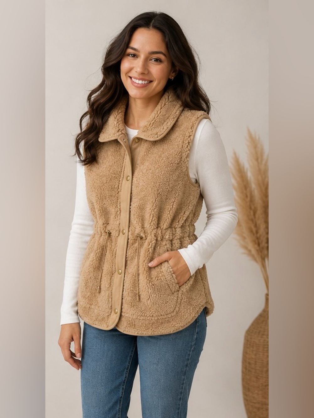 Sonoma Camel Sherpa Vest with Drawstring Waist